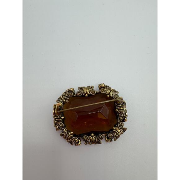 Vintage Statement Brooch – Large Amber Glass Stone with Ornate Brass Filigree - Picture 2 of 2